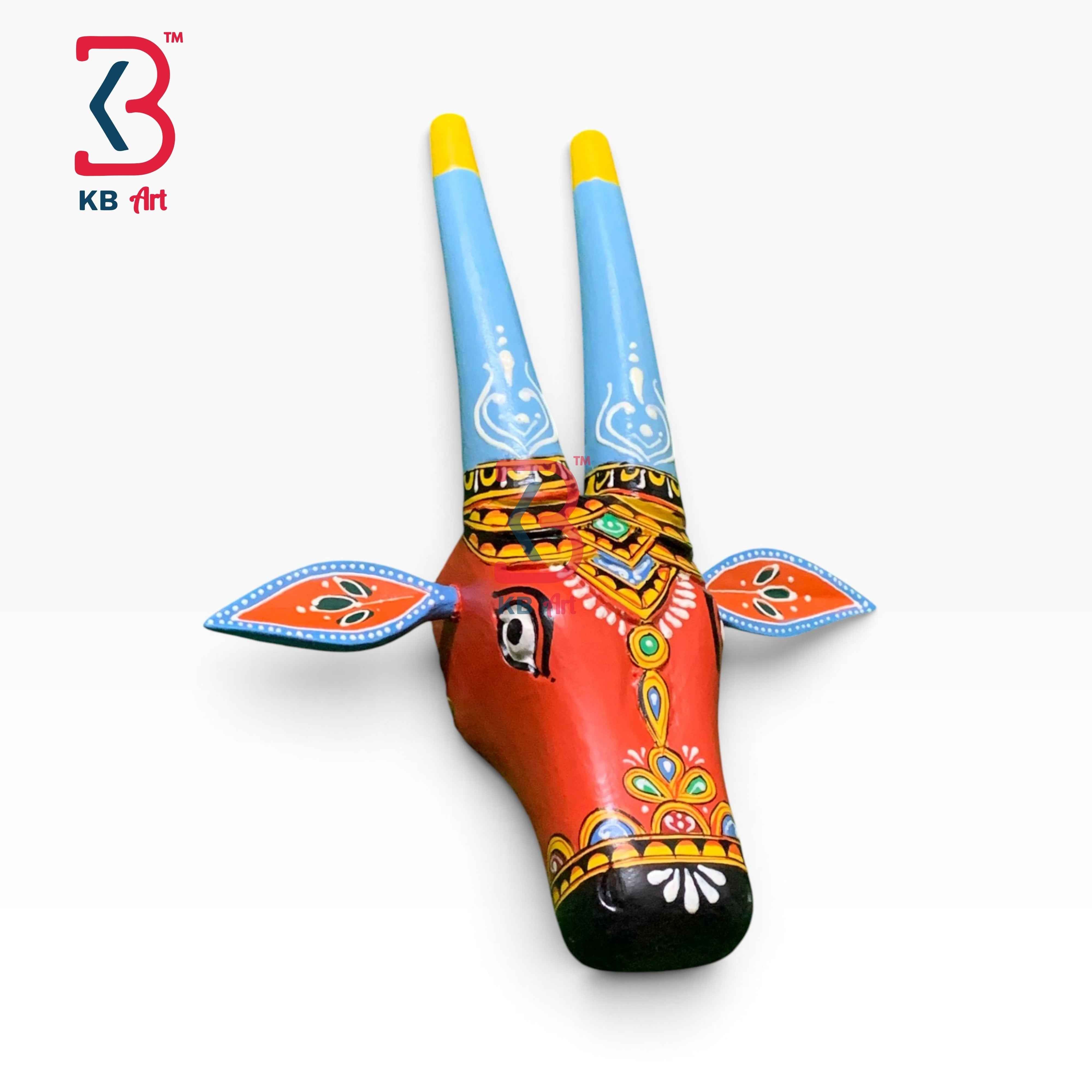 KB ART 16 Inch Handcrafted Wooden Cow Head Wall Hanging Coral Red Blue Horns Sacred Kamdhenu Wall Sculpture