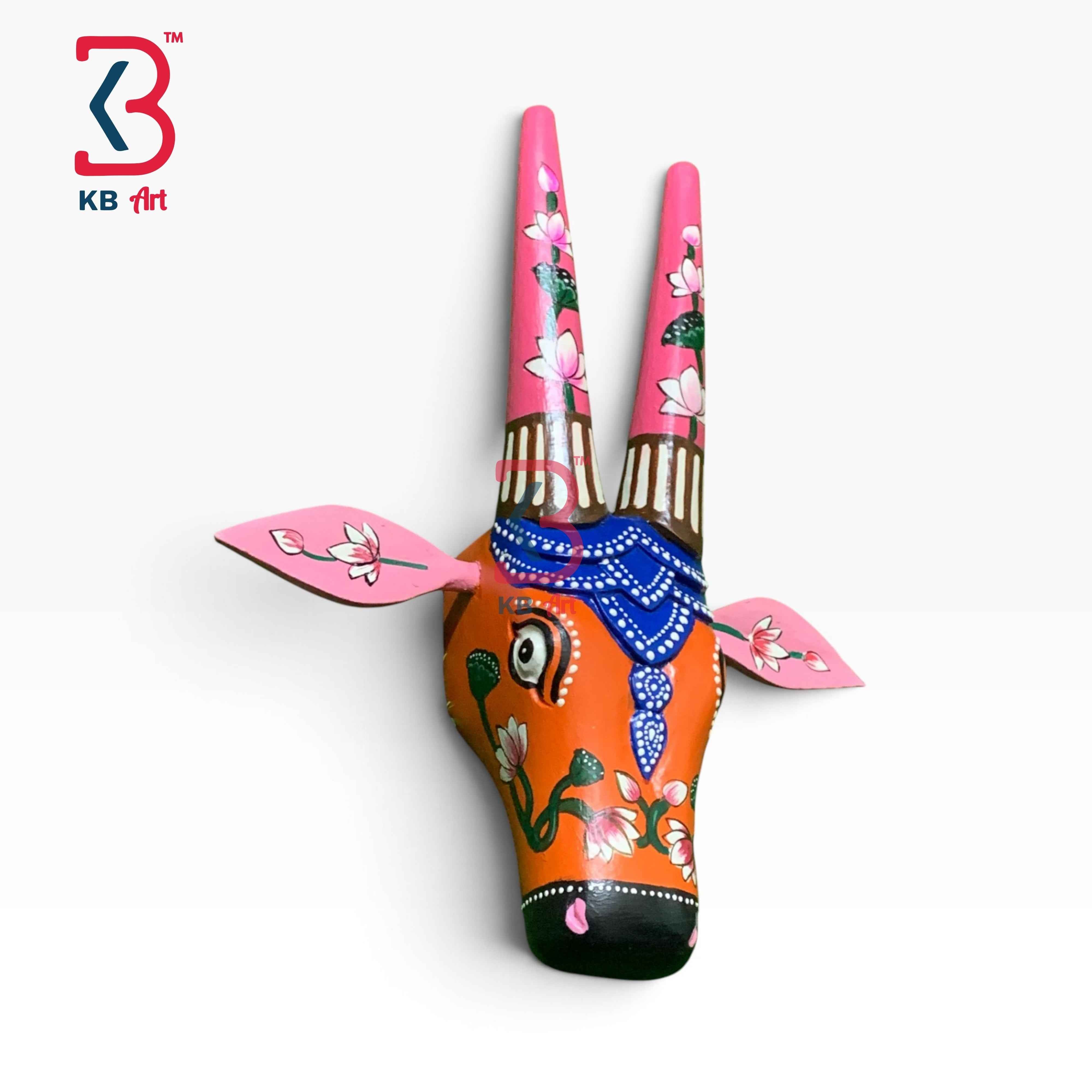 KB ART 16 Inch Handcrafted Wooden Cow Head Wall Hanging Terracotta Orange Pink Lotus Horns Sacred Kamdhenu Wall Sculpture