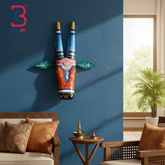 KB ART 16 Inch Handcrafted Wooden Cow Head Wall Hanging Saffron Blue Banded Horns Sacred Kamdhenu Wall Sculpture