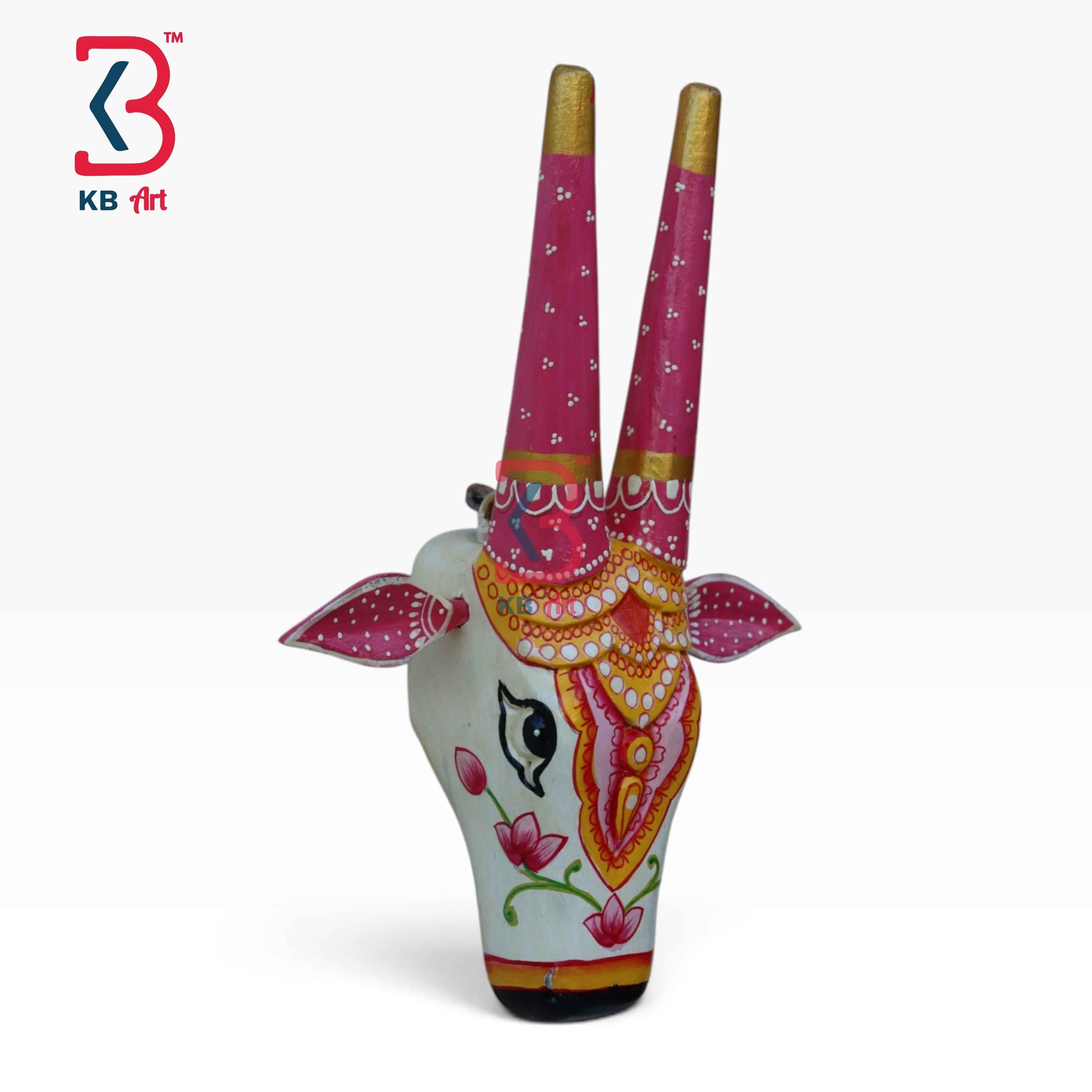 KB ART 16 Inch Handcrafted Wooden Cow Head Wall Hanging Antique White Magenta Horns Sacred Kamdhenu Wall Sculpture