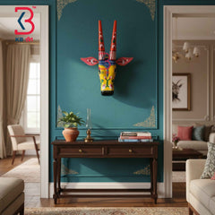 KB ART 16 Inch Handcrafted Wooden Cow Head Wall Hanging Mustard Yellow Red Lotus Horns Sacred Kamdhenu Wall Sculpture