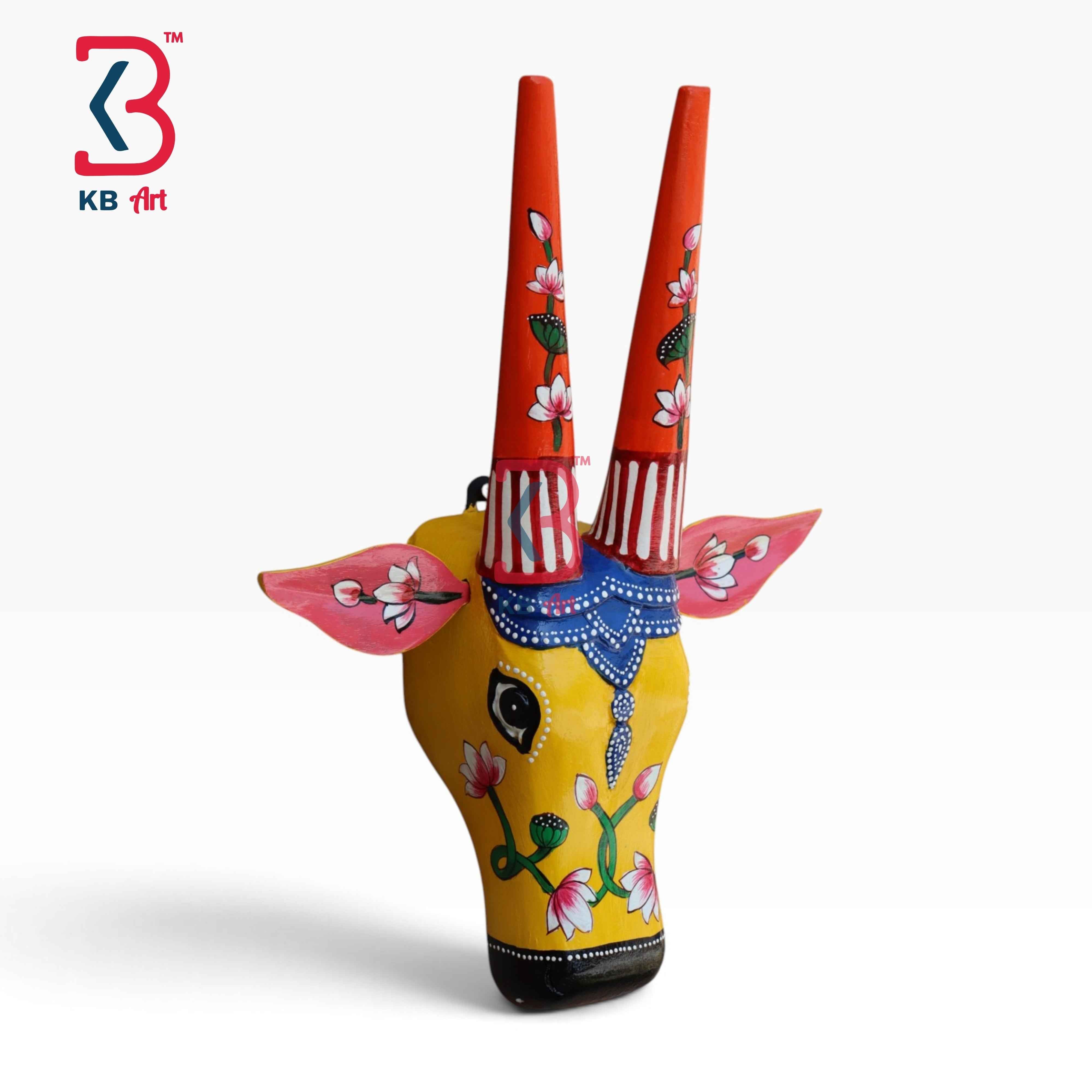 KB ART 16 Inch Handcrafted Wooden Cow Head Wall Hanging Mustard Yellow Red Lotus Horns Sacred Kamdhenu Wall Sculpture