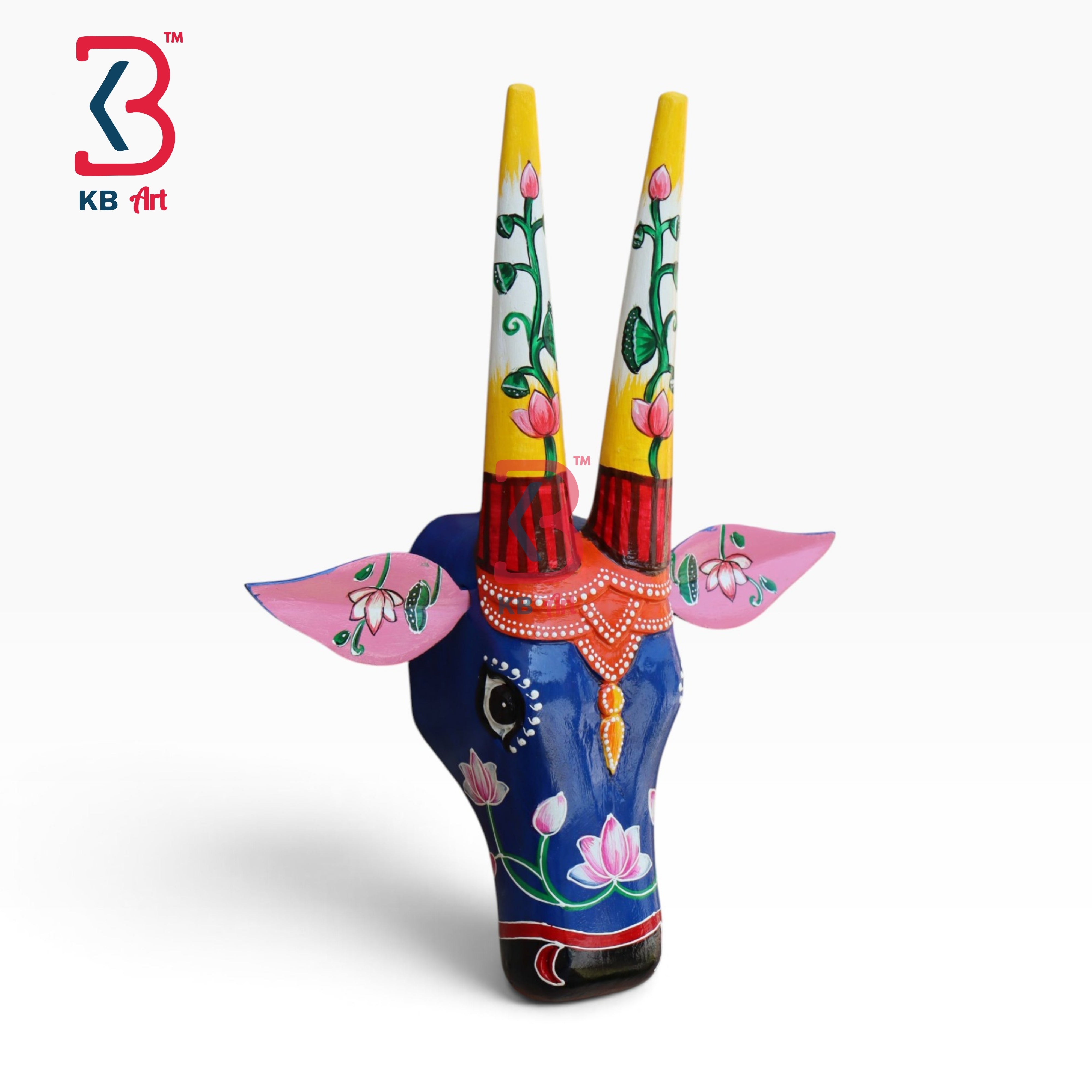 16-inch cow head wall hanging – authentic rajasthani hand painted wood cow mask decor | KB ART, Jodhpur Rajasthan (Design KB-5390)