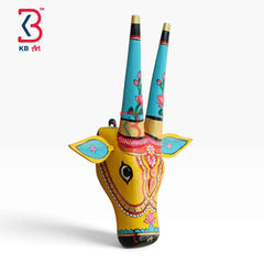 KB ART 16 Inch Handcrafted Wooden Cow Head Wall Hanging Mustard Yellow Cyan Horns Sacred Kamdhenu Wall Sculpture