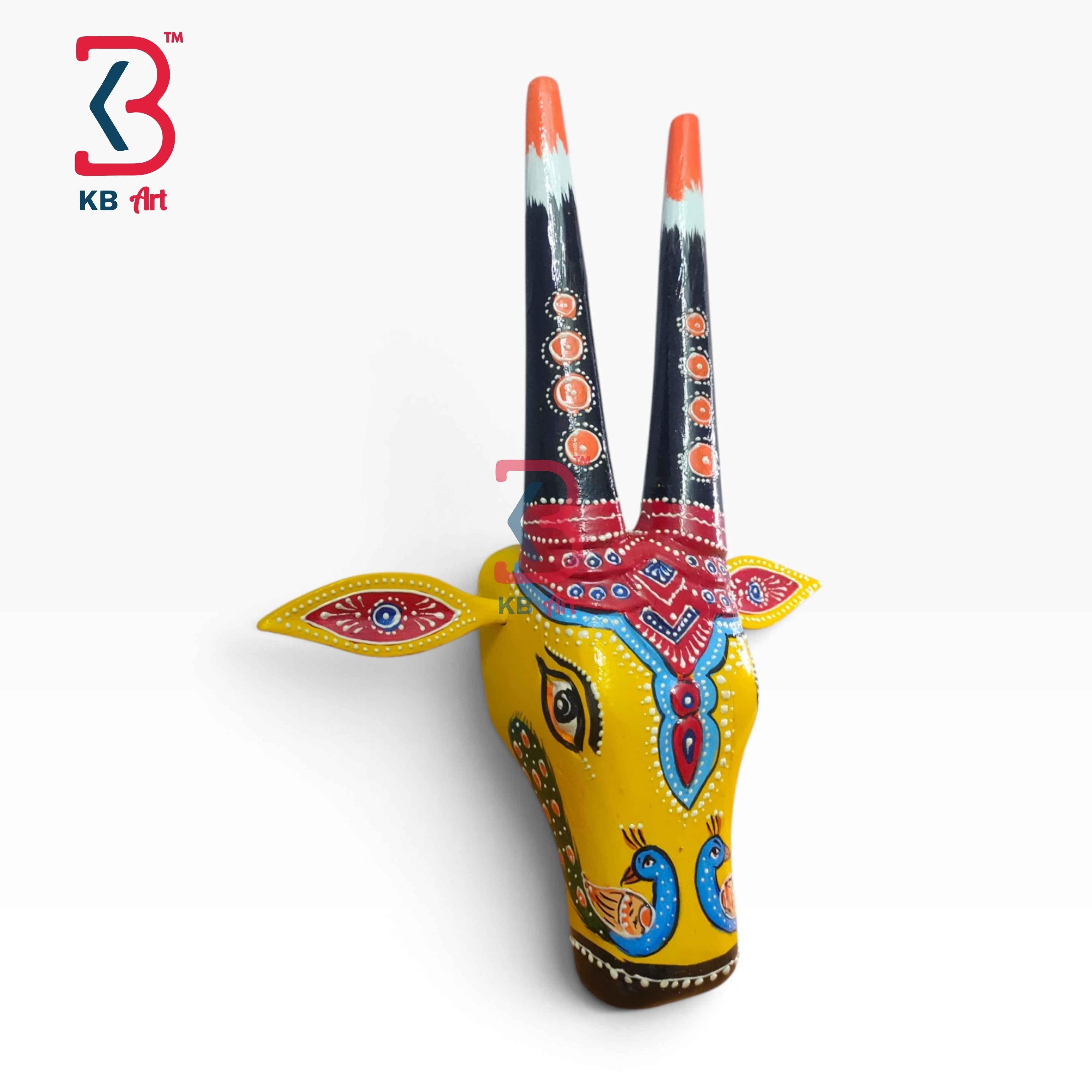 KB ART 16 Inch Handcrafted Wooden Cow Head Wall Hanging Mustard Yellow Dancing Peacocks Sacred Kamdhenu Wall Sculpture