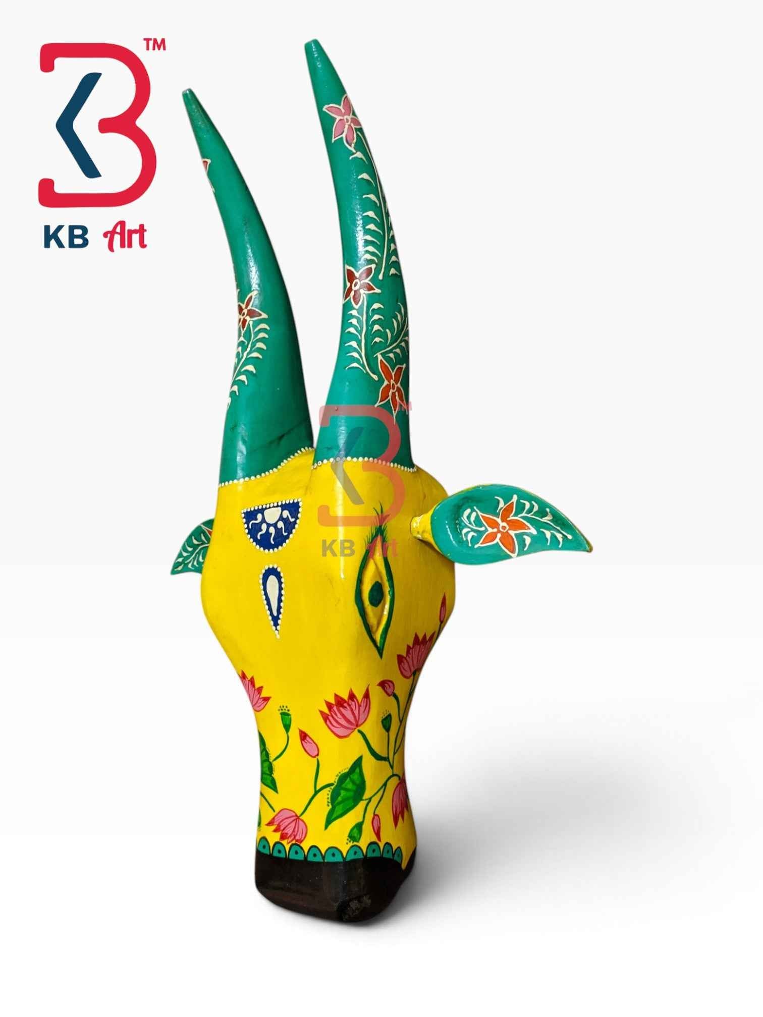 KB ART 16 Inch Handcrafted Wooden Cow Head Wall Hanging Mustard Yellow Emerald Lotus Horns Sacred Kamdhenu Wall Sculpture