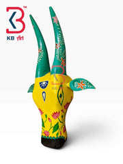 KB ART 16 Inch Handcrafted Wooden Cow Head Wall Hanging Mustard Yellow Emerald Lotus Horns Sacred Kamdhenu Wall Sculpture