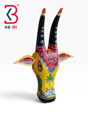 KB ART 16 Inch Handcrafted Wooden Cow Head Wall Hanging Mustard Yellow Palm Peacocks Sacred Kamdhenu Wall Sculpture