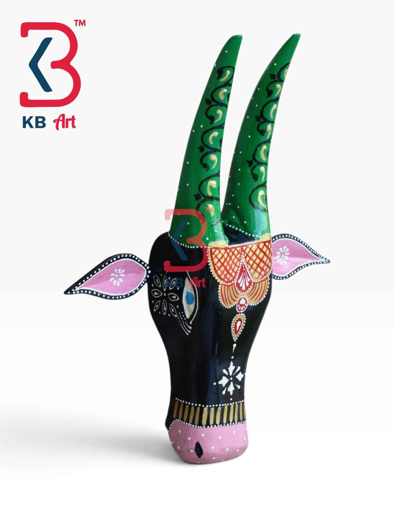 KB ART 16 Inch Handcrafted Wooden Cow Head Wall Hanging Midnight Black Green Horns Sacred Kamdhenu Wall Sculpture
