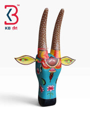 KB ART 16 Inch Handcrafted Wooden Cow Head Wall Hanging Cerulean Blue Polka Dot Horns Sacred Kamdhenu Wall Sculpture