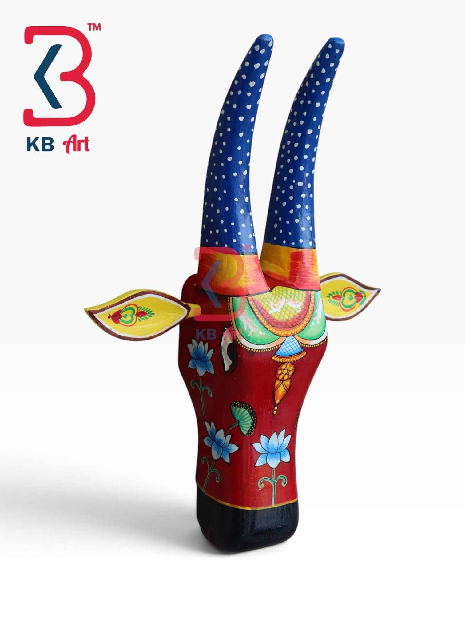 KB ART 16 Inch Handcrafted Wooden Cow Head Wall Hanging Crimson Red Blue Polka Horns Sacred Kamdhenu Wall Sculpture