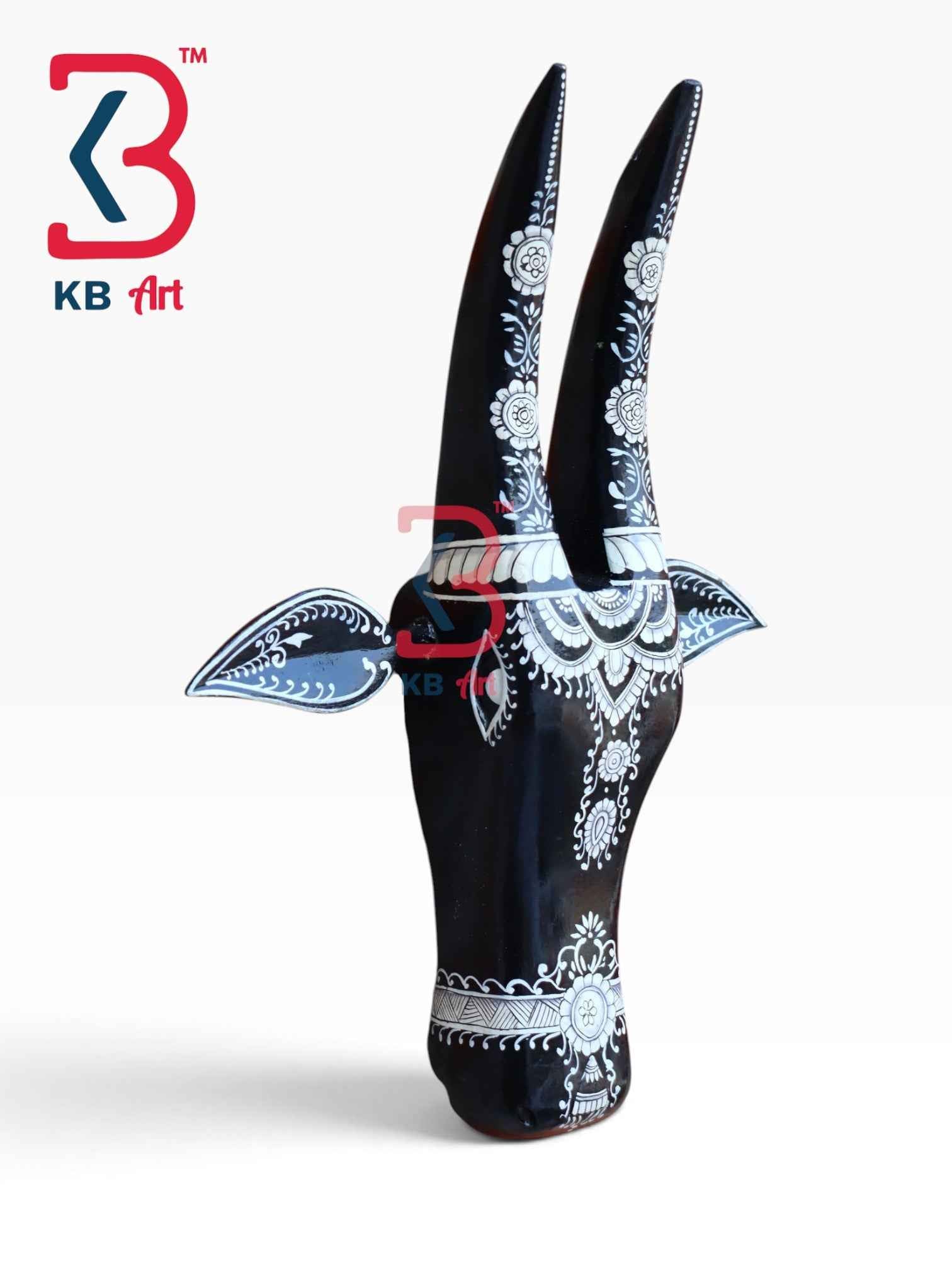 KB ART 16 Inch Handcrafted Wooden Cow Head Wall Hanging Midnight Black White Lace Sacred Kamdhenu Wall Sculpture