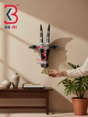 KB ART 16 Inch Handcrafted Wooden Cow Head Wall Hanging Midnight Black White Lace Sacred Kamdhenu Wall Sculpture