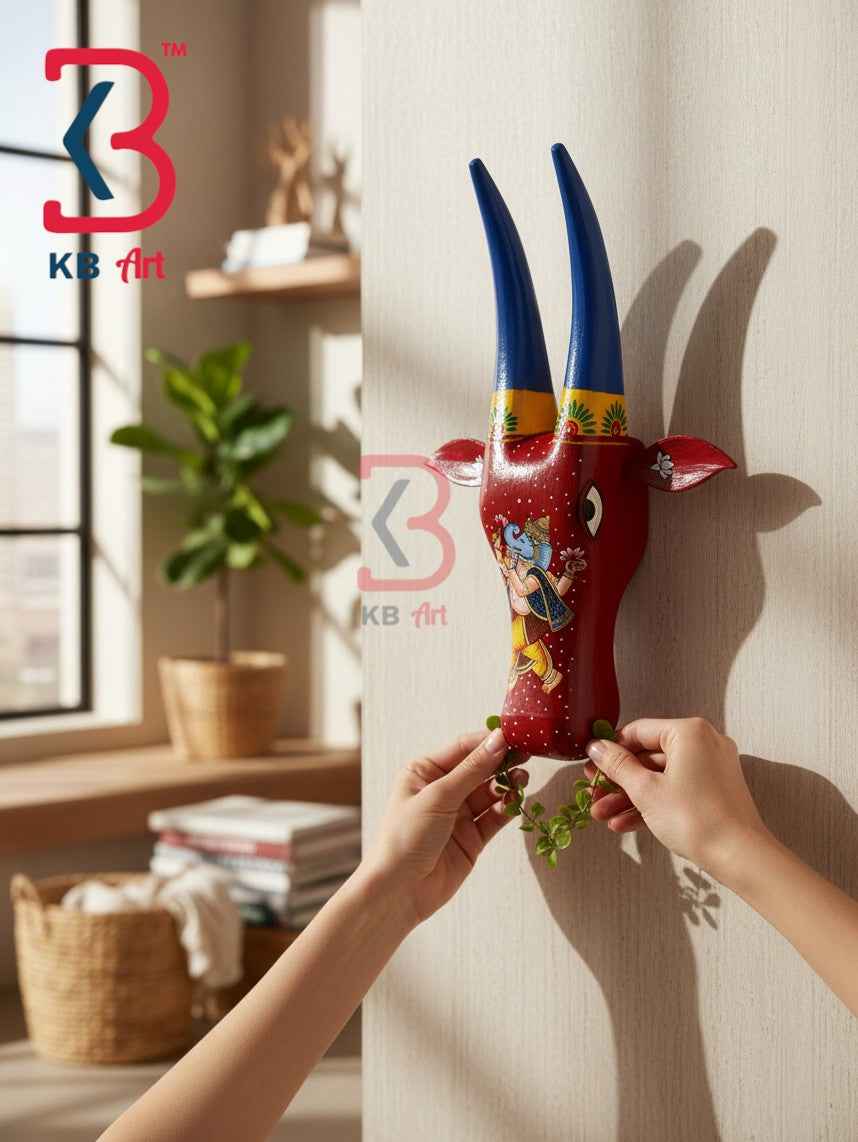 KB ART 16 Inch Handcrafted Wooden Cow Head Wall Hanging Maroon Red Blue Horns Dancing Ganesha Sacred Wall Sculpture