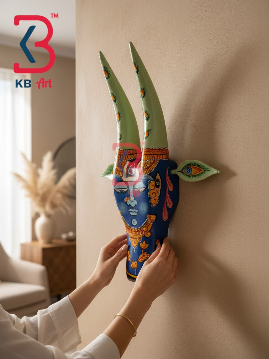 16 Inch Handcrafted Wooden Cow Head Wall Hanging Royal Blue Lord Krishna Swaroop Sacred Wall Sculpture | Handcrafted by KB ART, Jodhpur