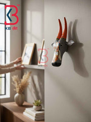 KB ART 16 Inch Handcrafted Wooden Cow Head Wall Hanging Charcoal Grey Goddess Durga Lion Sacred Wall Sculpture