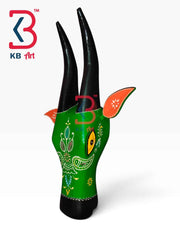 KB ART 16 Inch Handcrafted Wooden Cow Head Wall Hanging Emerald Green Black Horns Sacred Kamdhenu Wall Sculpture
