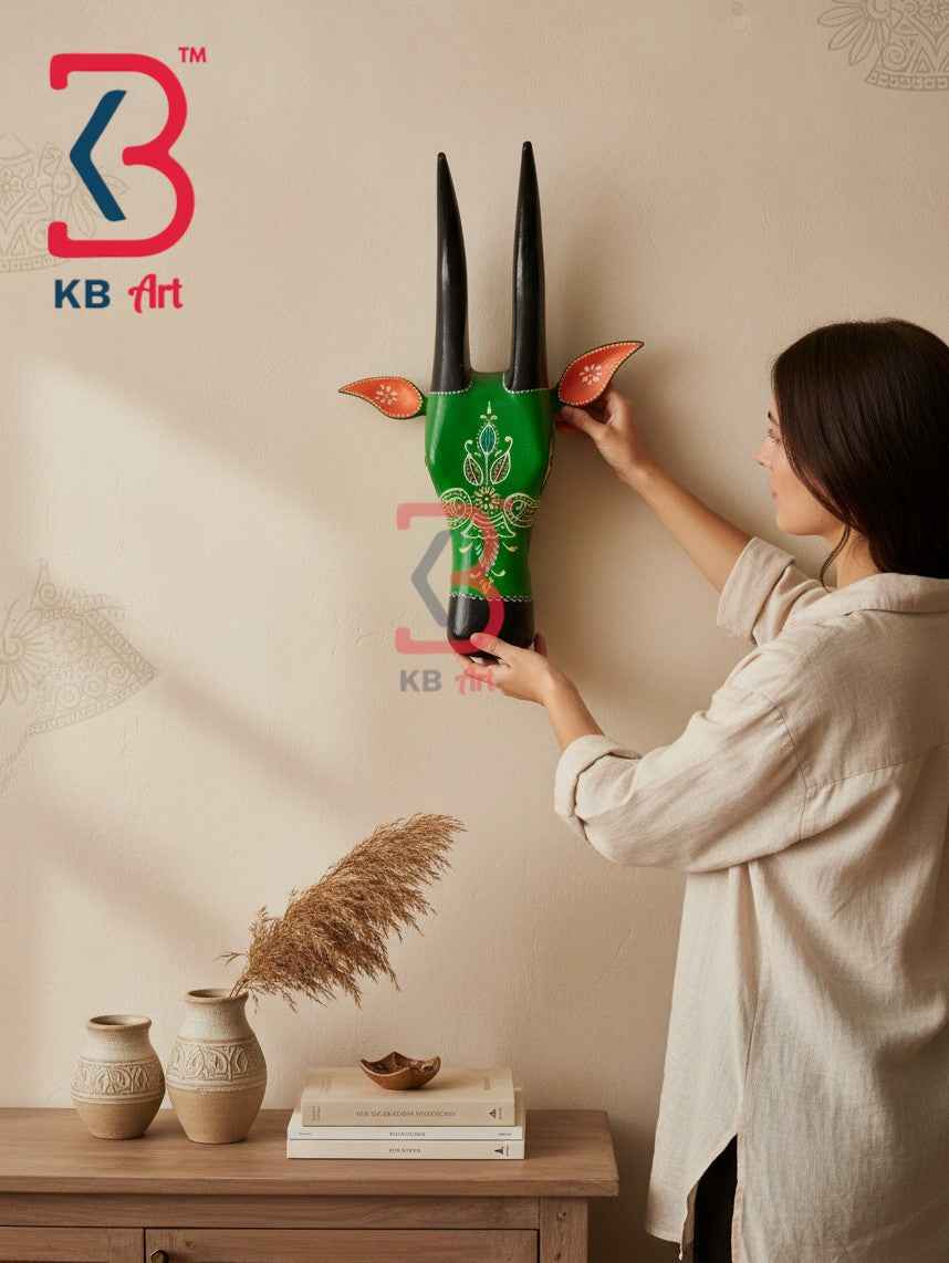 KB ART 16 Inch Handcrafted Wooden Cow Head Wall Hanging Emerald Green Black Horns Sacred Kamdhenu Wall Sculpture