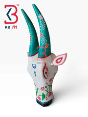 KB ART 16 Inch Handcrafted Wooden Cow Head Wall Hanging Antique White Teal Lotus Horns Sacred Kamdhenu Wall Sculpture