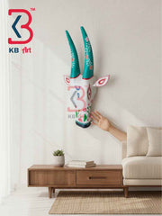 KB ART 16 Inch Handcrafted Wooden Cow Head Wall Hanging Antique White Teal Lotus Horns Sacred Kamdhenu Wall Sculpture