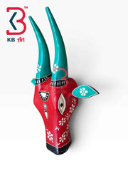 KB ART 16 Inch Handcrafted Wooden Cow Head Wall Hanging Crimson Red Teal Floral Horns Sacred Kamdhenu Wall Sculpture