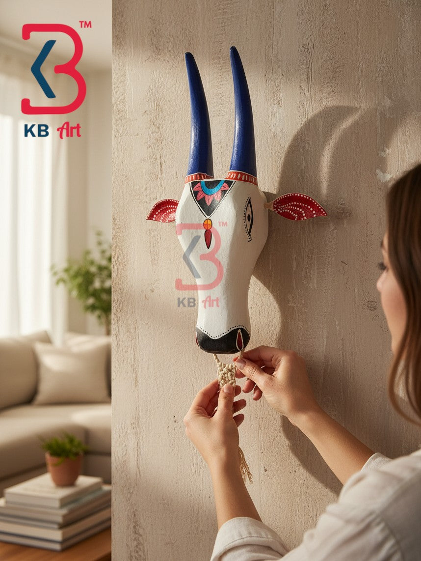 16 Inch Handcrafted Wooden Cow Head Wall Hanging White Cobalt Horns Scalloped Tilak Sacred Wall Sculpture | Handcrafted by KB ART, Jodhpur