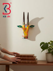 16 Inch Handcrafted Wooden Cow Head Wall Hanging Mustard Yellow Jeweled Hansli Sacred Kamdhenu Wall Sculpture | Handcrafted by KB ART, Jodhpur