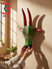 16 Inch Handcrafted Wooden Cow Head Wall Hanging Jade Green Crimson Horns Sacred Kamdhenu Wall Sculpture | Handcrafted by KB ART, Jodhpur