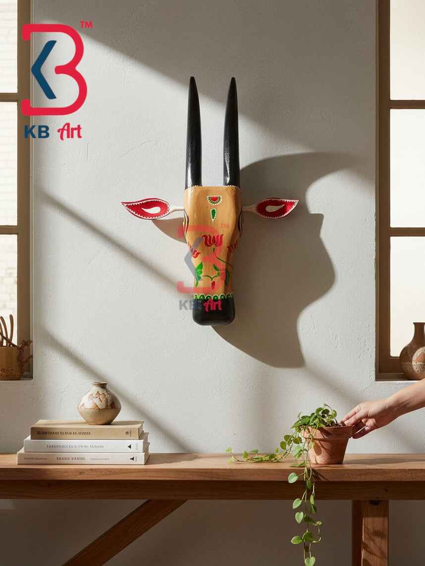KB ART 16 Inch Handcrafted Wooden Cow Head Wall Hanging Caramel Beige Black Horns Sacred Kamdhenu Wall Sculpture