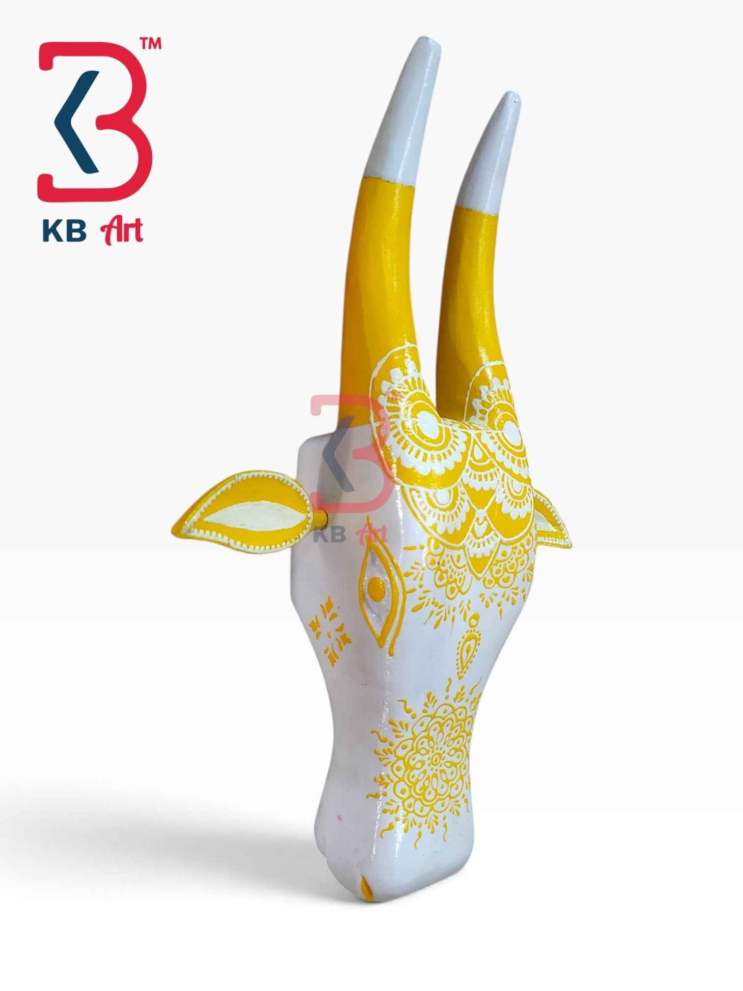 KB ART 16 Inch Handcrafted Wooden Cow Head Wall Hanging White Sunflower Yellow Mandala Sacred Wall Sculpture