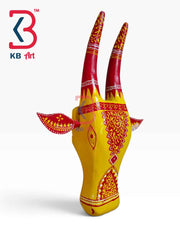 KB ART 16 Inch Handcrafted Wooden Cow Head Wall Hanging Mustard Yellow Crimson Horns Gold Filigree Sacred Wall Sculpture