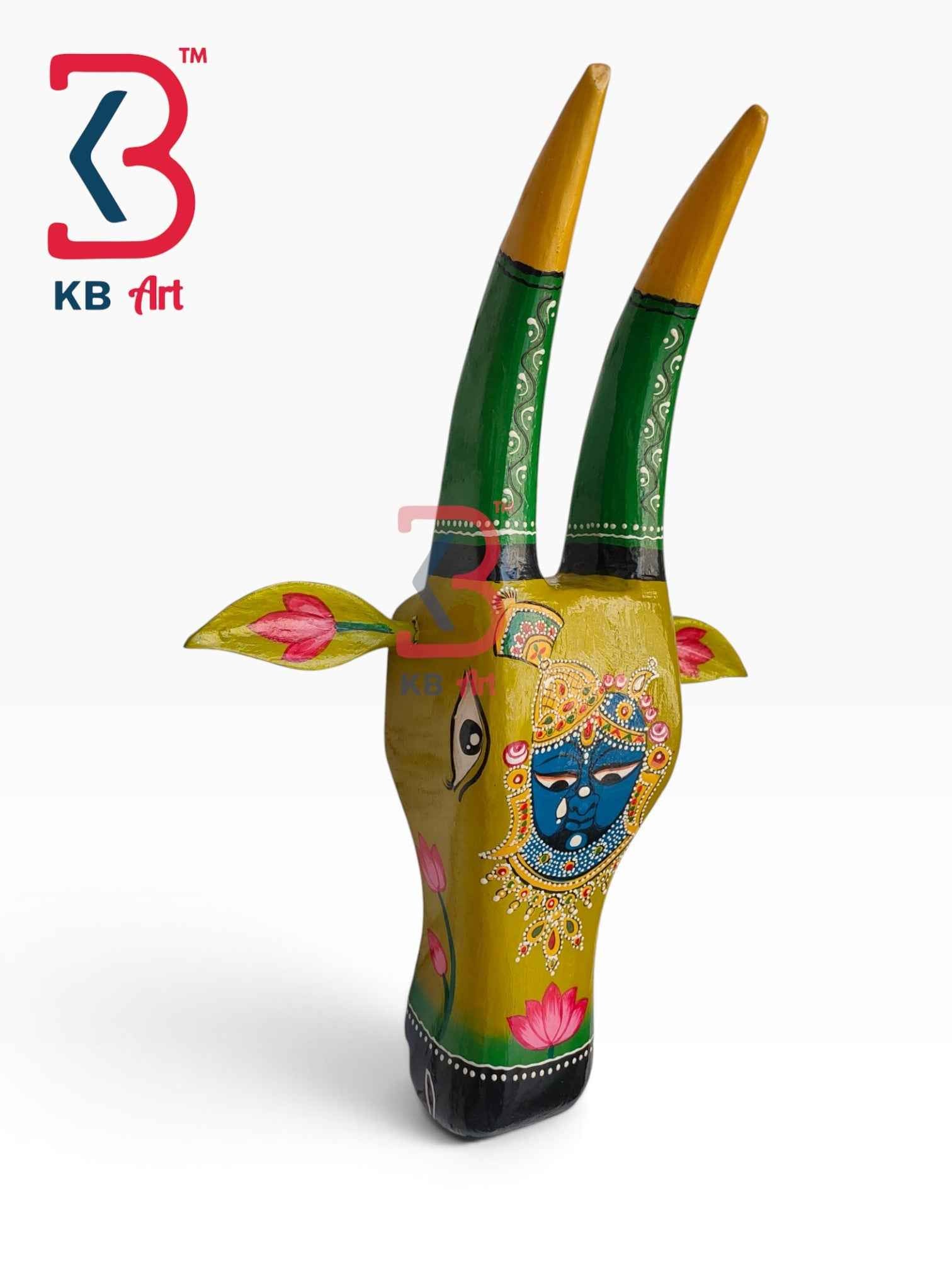 KB ART 16 Inch Handcrafted Wooden Cow Head Wall Hanging Olive Yellow Green Horns Shrinathji Sacred Wall Sculpture