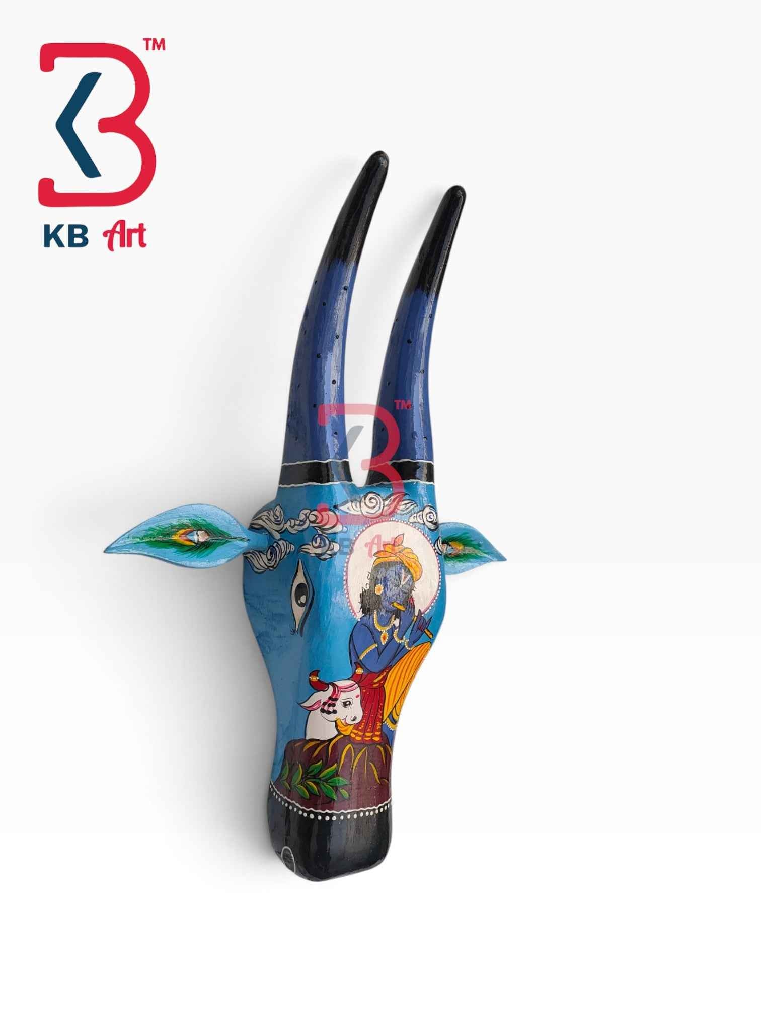 KB ART 16 Inch Handcrafted Wooden Cow Head Wall Hanging Sky Blue Krishna Calf Sacred Kamdhenu Wall Sculpture