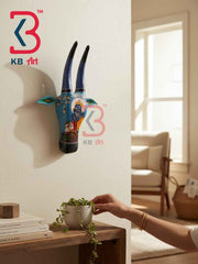 KB ART 16 Inch Handcrafted Wooden Cow Head Wall Hanging Sky Blue Krishna Calf Sacred Kamdhenu Wall Sculpture