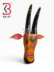 KB ART 16 Inch Handcrafted Wooden Cow Head Wall Hanging Mustard Yellow Green Tipped Horns Sacred Kamdhenu Wall Sculpture