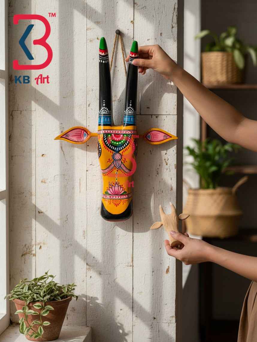 KB ART 16 Inch Handcrafted Wooden Cow Head Wall Hanging Mustard Yellow Green Tipped Horns Sacred Kamdhenu Wall Sculpture