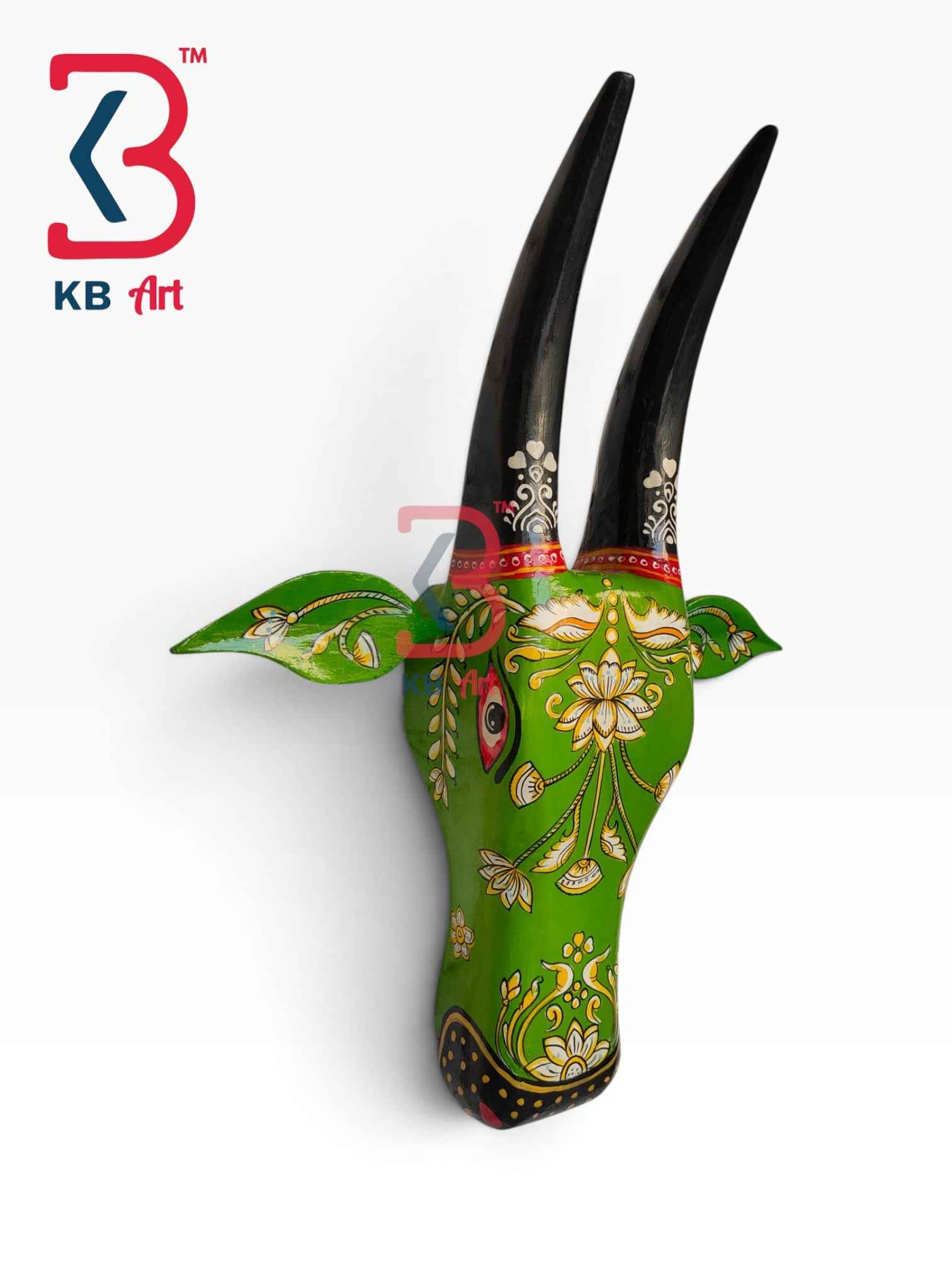 KB ART 16 Inch Handcrafted Wooden Cow Head Wall Hanging Parrot Green Black Horns Sacred Kamdhenu Wall Sculpture