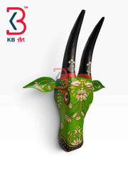KB ART 16 Inch Handcrafted Wooden Cow Head Wall Hanging Parrot Green Black Horns Sacred Kamdhenu Wall Sculpture