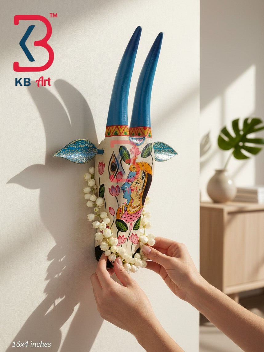 16 Inch Handcrafted Wooden Cow Head Wall Hanging Antique White Blue Horns Radha Krishna Sacred Wall Sculpture | Handcrafted by KB ART, Jodhpur