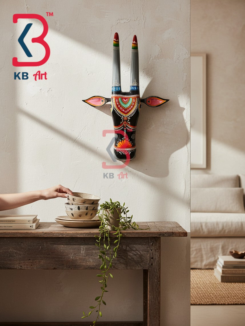 16 Inch Handcrafted Wooden Cow Head Wall Hanging Midnight Black Grey Horns Sacred Kamdhenu Wall Sculpture | Handcrafted by KB ART, Jodhpur
