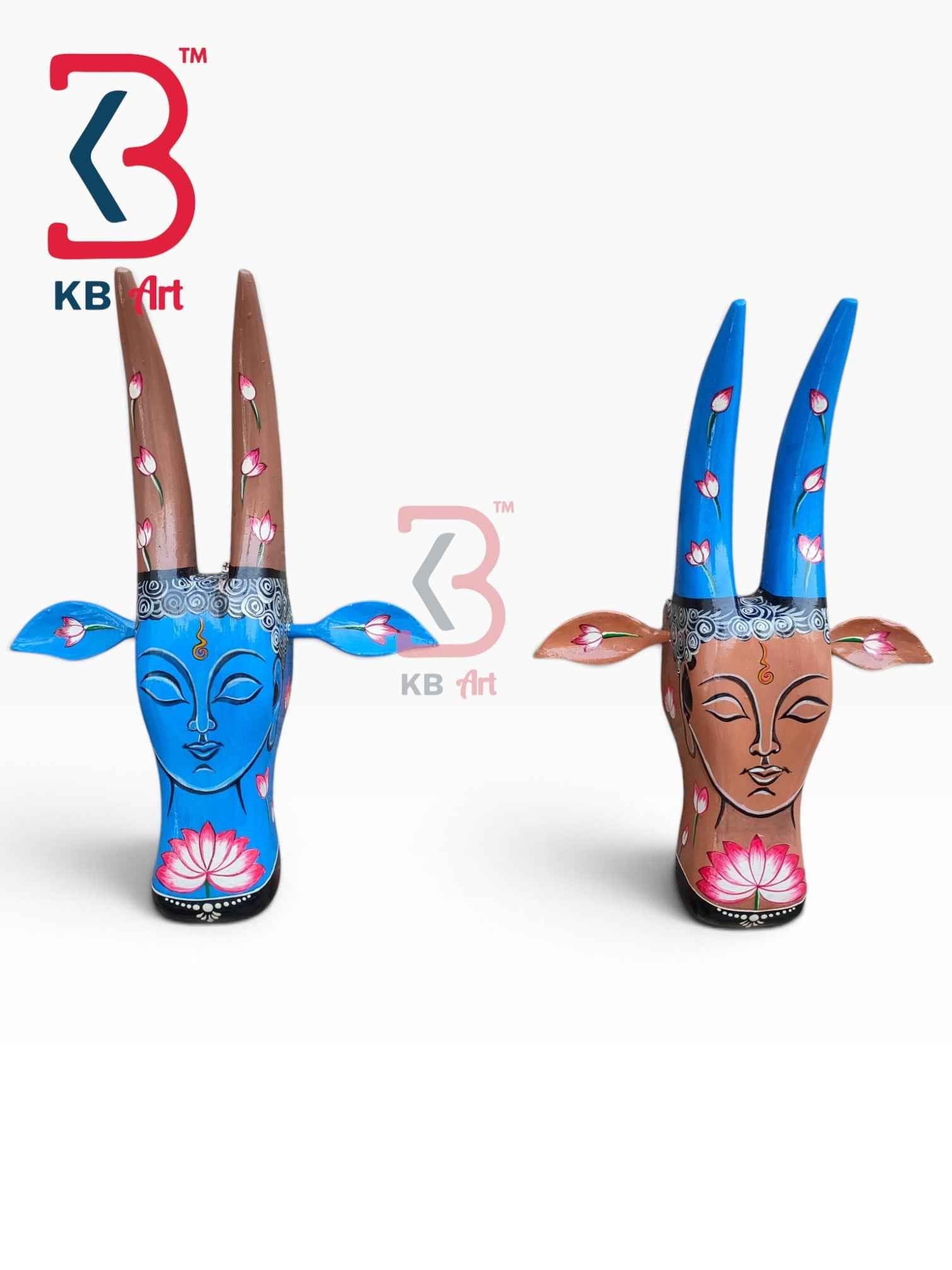 KB ART 16 Inch Handcrafted Wooden Cow Head Wall Hanging Meditative Buddha Serenity Pair Sacred Wall Sculpture Set of 2