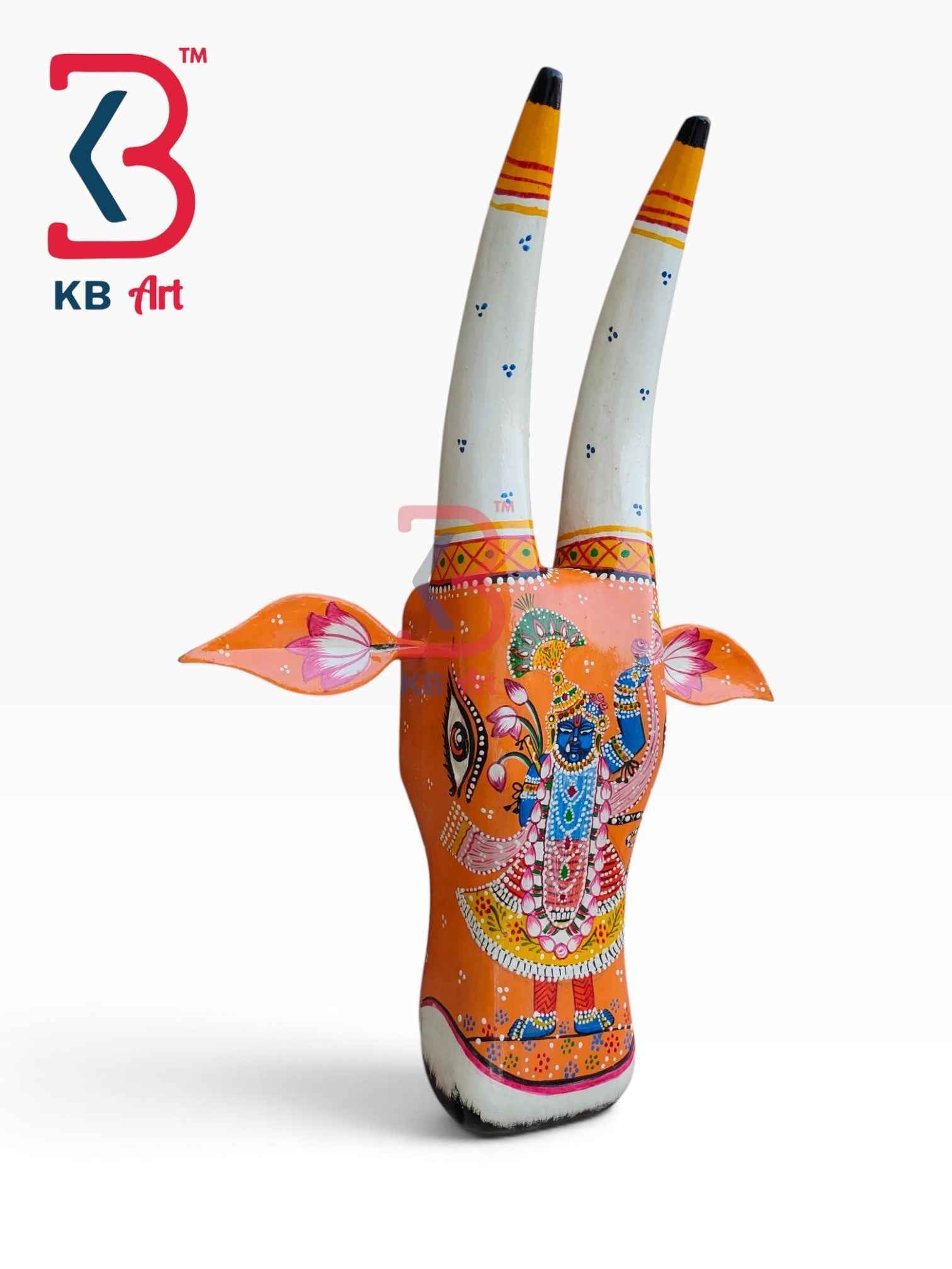 KB ART 16 Inch Handcrafted Wooden Cow Head Wall Hanging Saffron Shrinathji Pichwai Swaroop Sacred Wall Sculpture