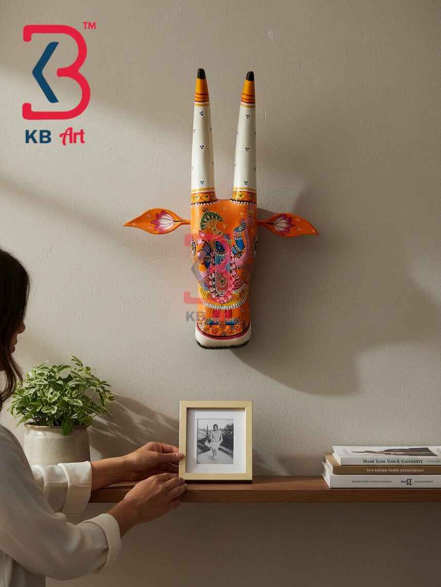 KB ART 16 Inch Handcrafted Wooden Cow Head Wall Hanging Saffron Shrinathji Pichwai Swaroop Sacred Wall Sculpture