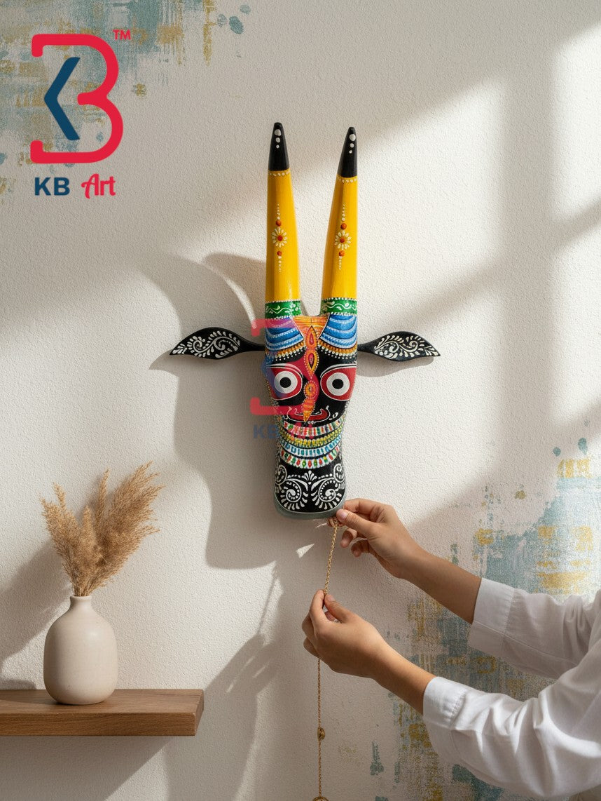 16 Inch Handcrafted Wooden Cow Head Wall Hanging Jet Black Lord Jagannath Sacred Kamdhenu Wall Sculpture | Handcrafted by KB ART, Jodhpur