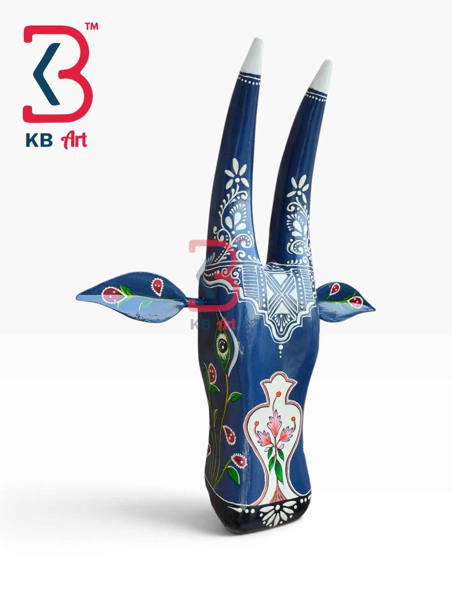 KB ART 16 Inch Handcrafted Wooden Cow Head Wall Hanging Royal Blue Surahi Kalash Sacred Kamdhenu Wall Sculpture