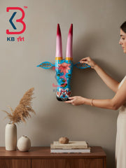 16 Inch Handcrafted Wooden Cow Head Wall Hanging Sky Blue Twin Hamsa Swans Lotus Sacred Wall Sculpture | Handcrafted by KB ART, Jodhpur