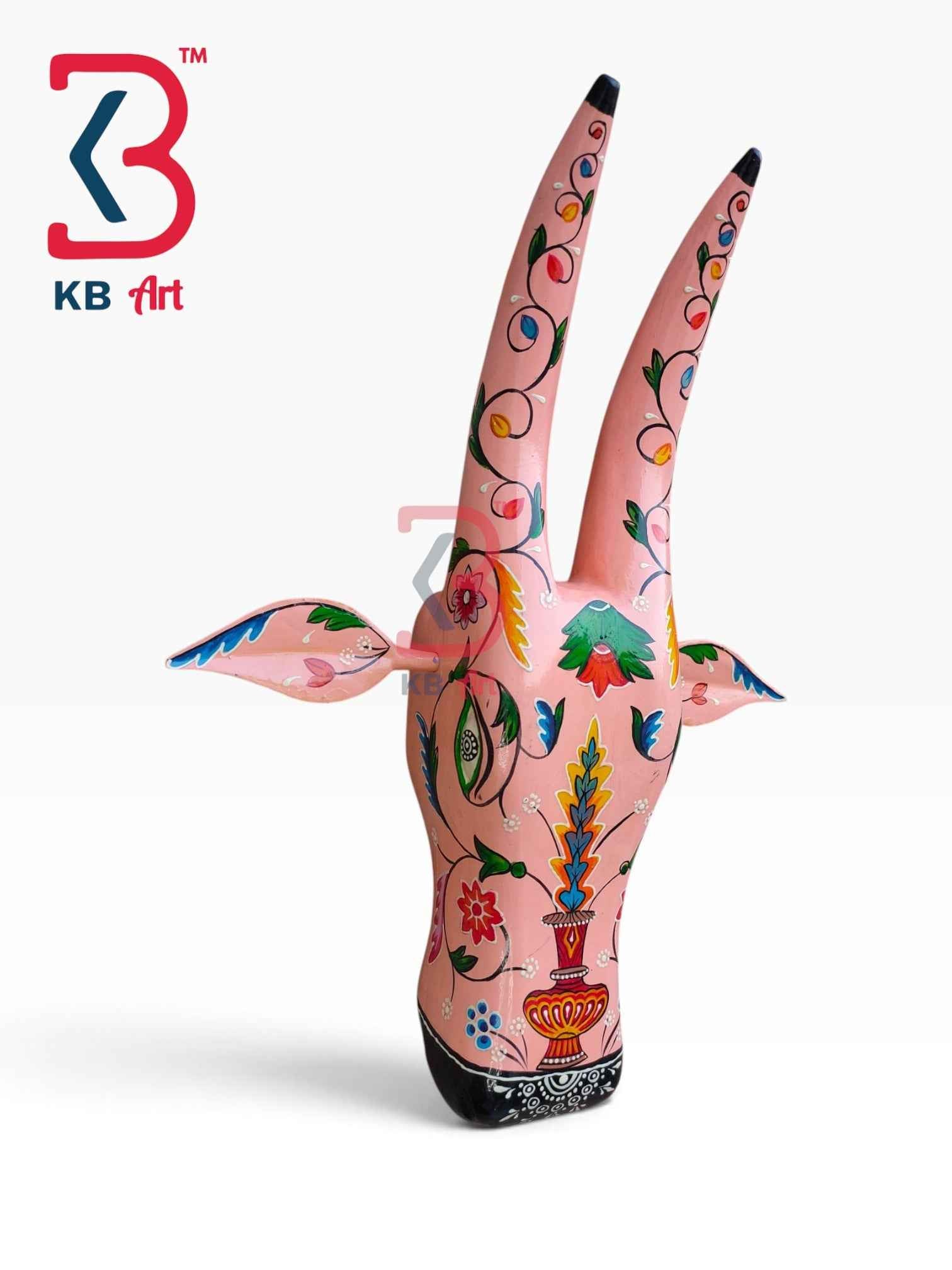 KB ART 16 Inch Handcrafted Wooden Cow Head Wall Hanging Pastel Peach Pink Floral Vase Sacred Kamdhenu Wall Sculpture