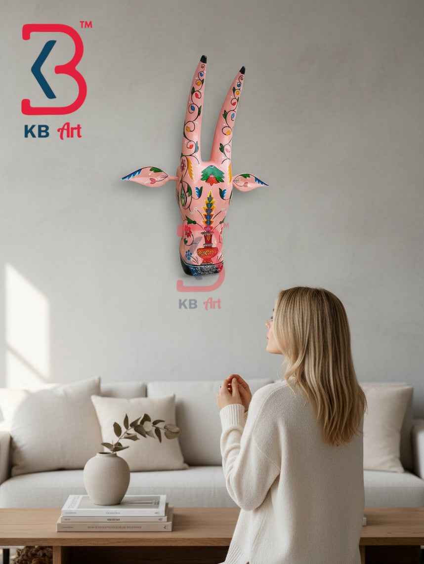 KB ART 16 Inch Handcrafted Wooden Cow Head Wall Hanging Pastel Peach Pink Floral Vase Sacred Kamdhenu Wall Sculpture
