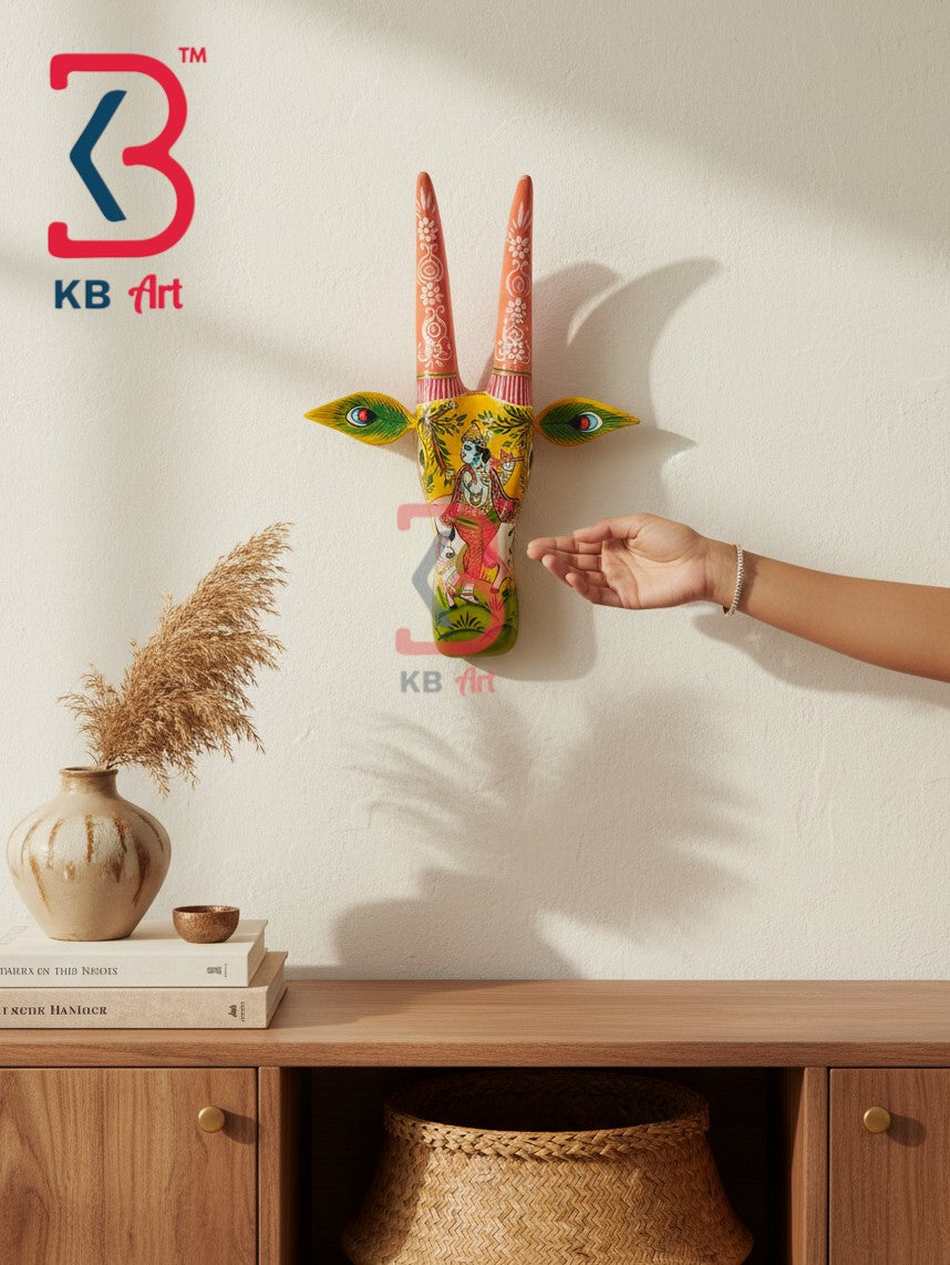16 Inch Handcrafted Wooden Cow Head Wall Hanging Yellow Lord Krishna Holy Cow Sacred Wall Sculpture | Handcrafted by KB ART, Jodhpur