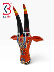 KB ART 16 Inch Handcrafted Wooden Cow Head Wall Hanging Tangerine Orange Black Horns Sacred Kamdhenu Wall Sculpture
